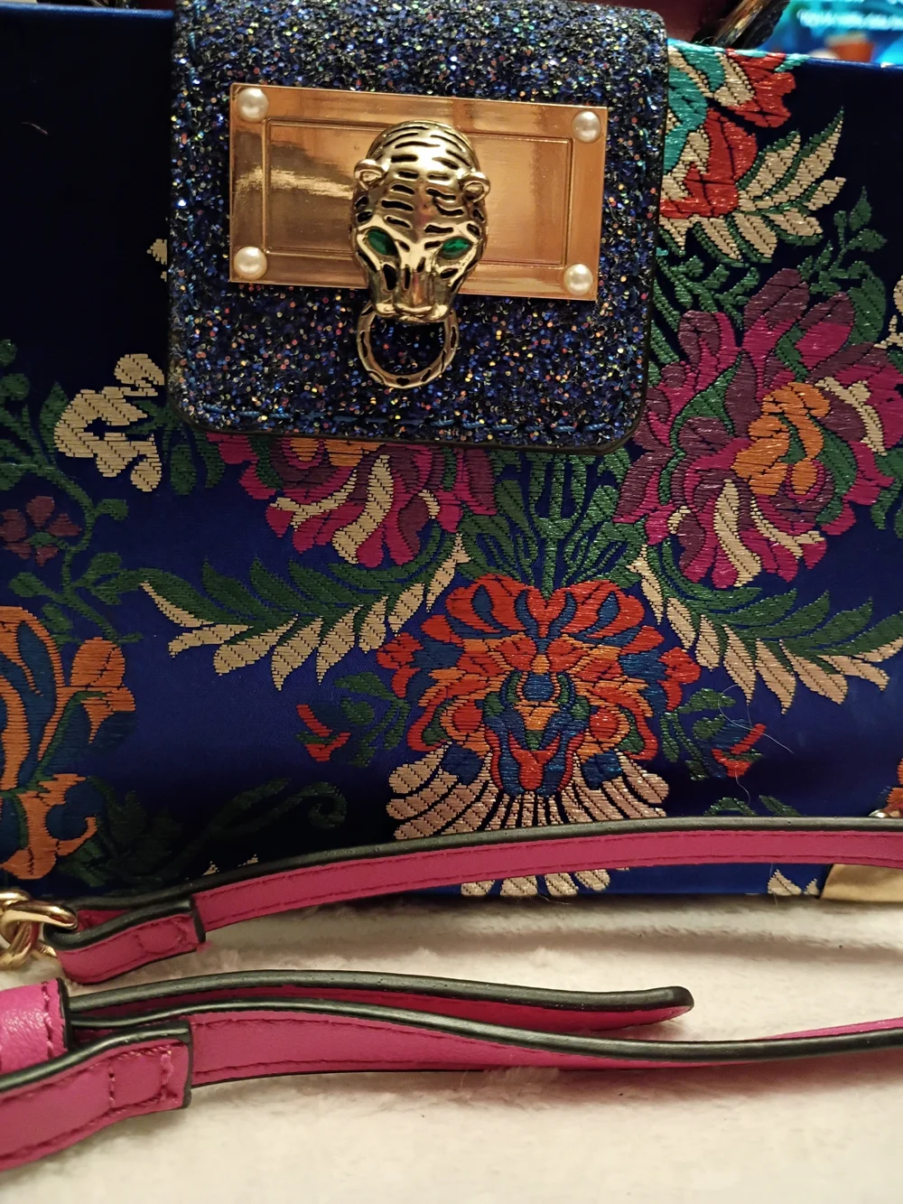 Aldo Asian Inspired BrocadeBlue Floral Box Crossbody with Gold Hardware